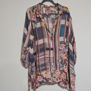 Johnny Was Multicolor Floral Striped Blouse